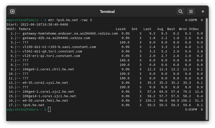 MTR command output